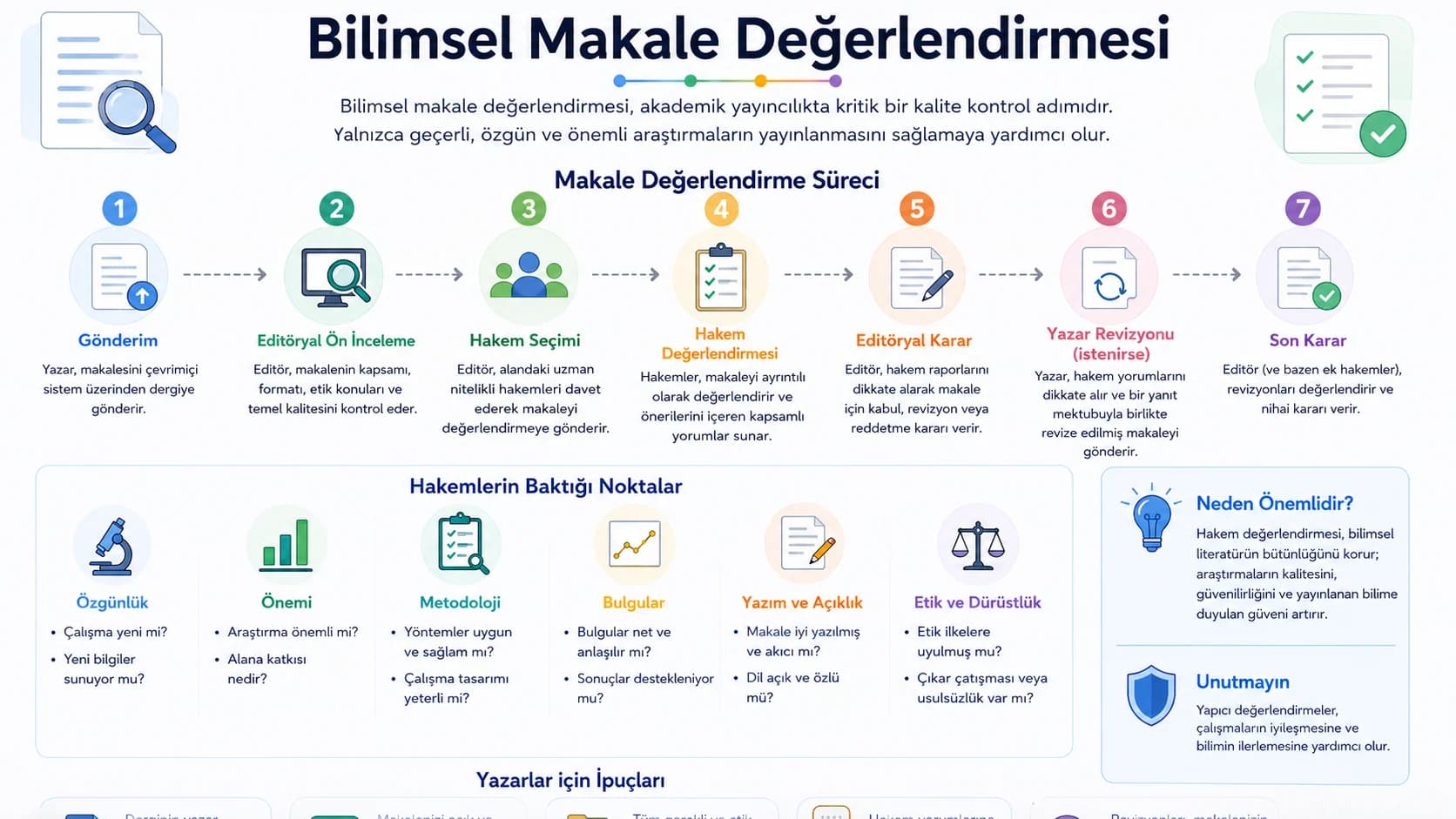 Bilimsel makale değerlendirme süreci infografiği — gönderimden son karara 7 adım