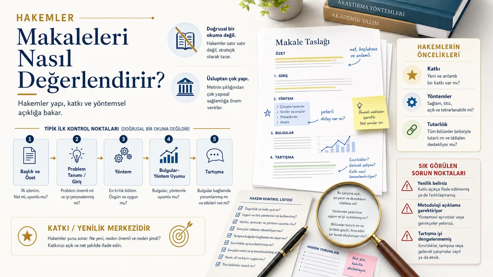 Hakemler makaleleri nasıl değerlendirir — yapı, katkı ve yöntem odaklı infografik