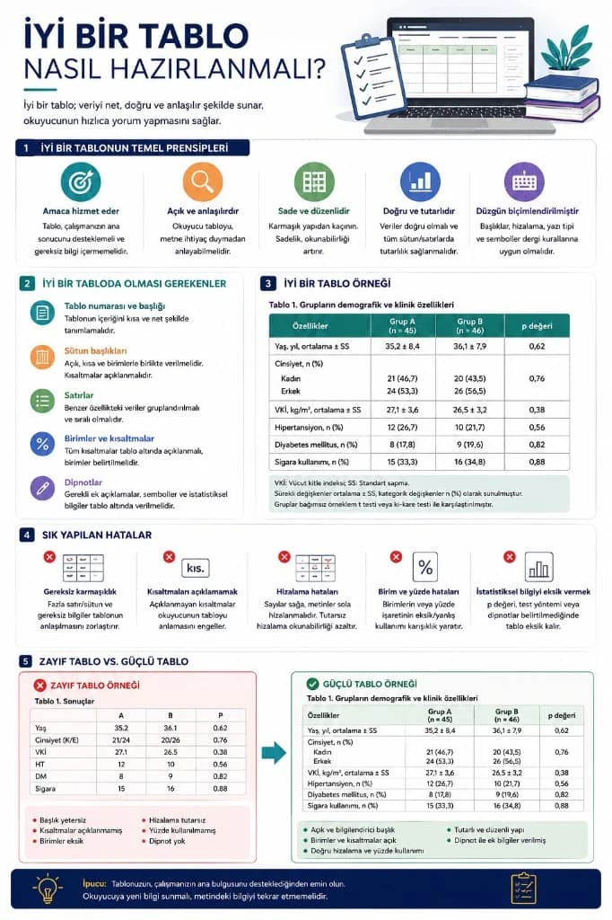 Güçlü tablo nasıl hazırlanır infografiği — temel prensipler, gerekli öğeler, güçlü tablo örneği, sık hatalar ve zayıf/güçlü karşılaştırma