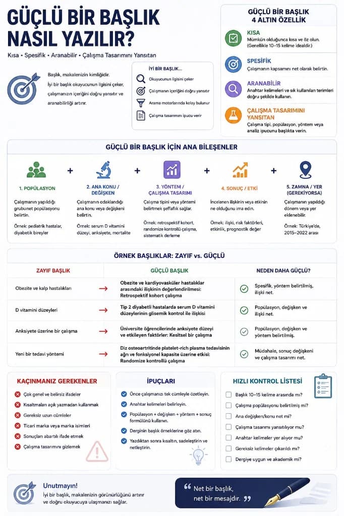 İyi bir araştırma başlığı nasıl yazılır infografiği — neden önemli, özellikler, bileşenler, zayıf/güçlü örnekler, hatalar ve kontrol listesi