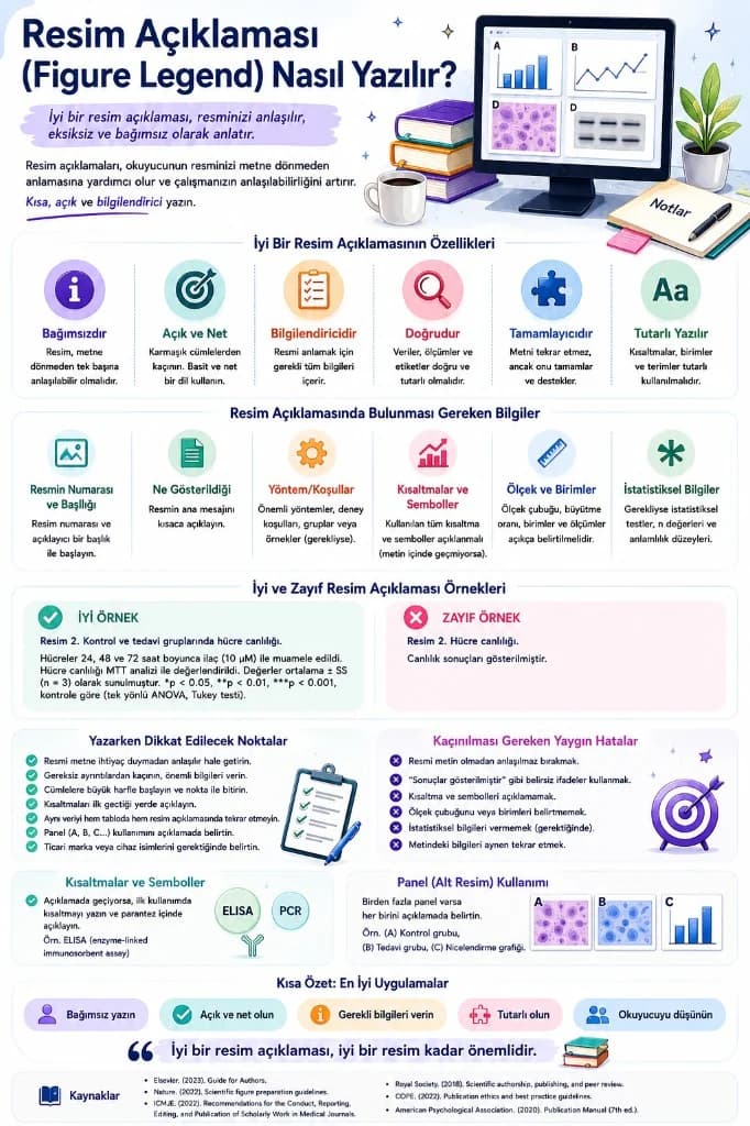 Resim açıklaması (figure legend) nasıl yazılır infografiği — özellikler, gerekli bilgiler, adımlar, iyi/zayıf örnekler ve kontrol listesi
