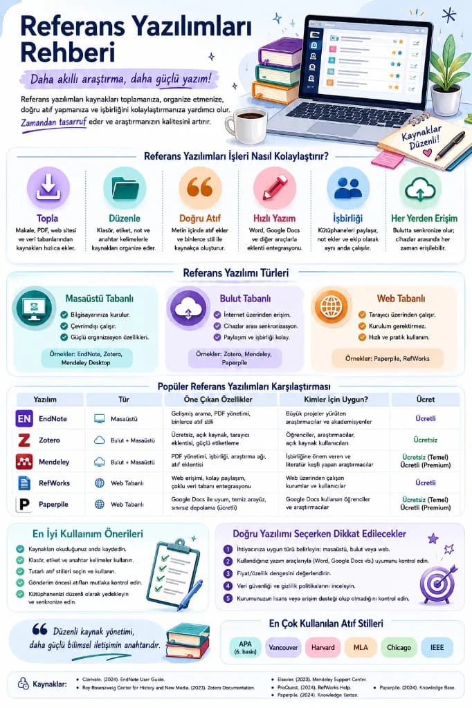 Referans yazılımları rehberi infografiği — kaynak toplama, düzenleme, doğru atıf, hızlı yazım, işbirliği ve senkronizasyon