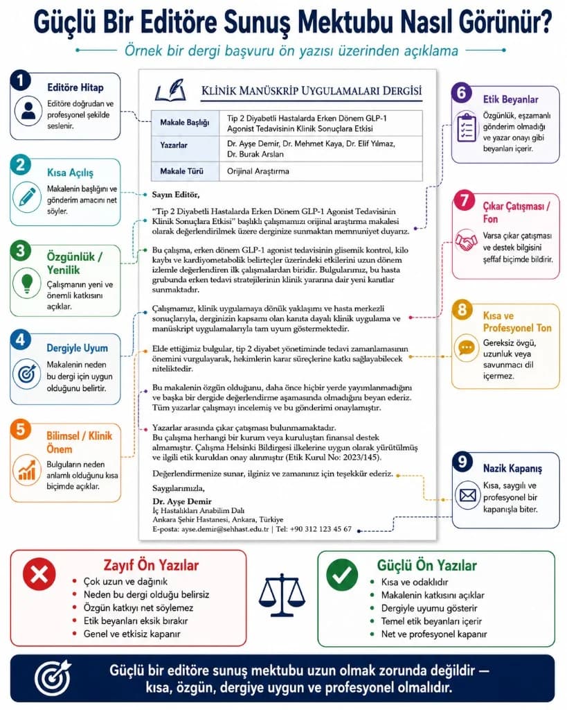 Güçlü editöre sunuş mektubu (cover letter) infografiği — özgünlük, dergi uyumu, etik beyanlar ve profesyonel ton