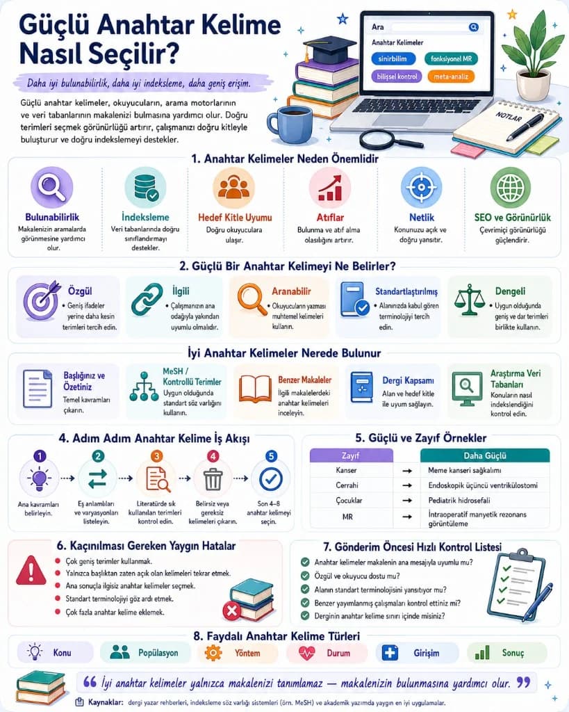 Güçlü anahtar kelime seçimi infografiği — bulunabilirlik, indeksleme, anahtar kelime özellikleri, iş akışı, örnekler, kontrol listesi ve türler