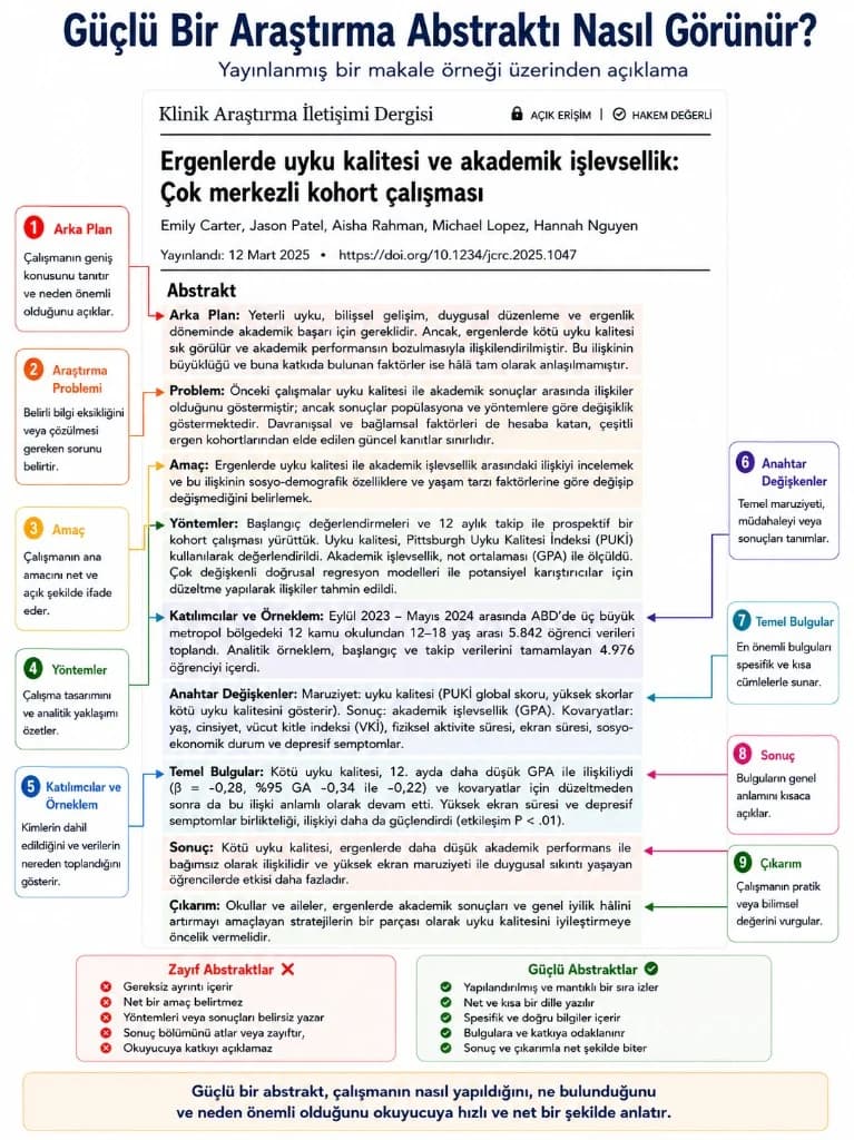 Güçlü araştırma özeti infografiği — arka plan, amaç, yöntem, bulgular ve çıkarım bileşenleri