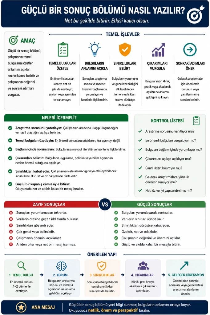 Güçlü sonuç bölümü infografiği — temel bulgu, yorum, sınırlılık, çıkarım ve gelecek yönelim