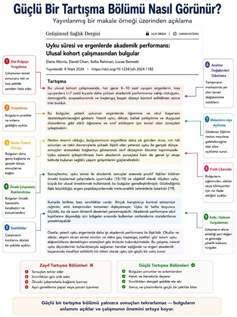 Güçlü araştırma tartışması infografiği — bulgu, yorum, sınırlılık ve katkı adımları