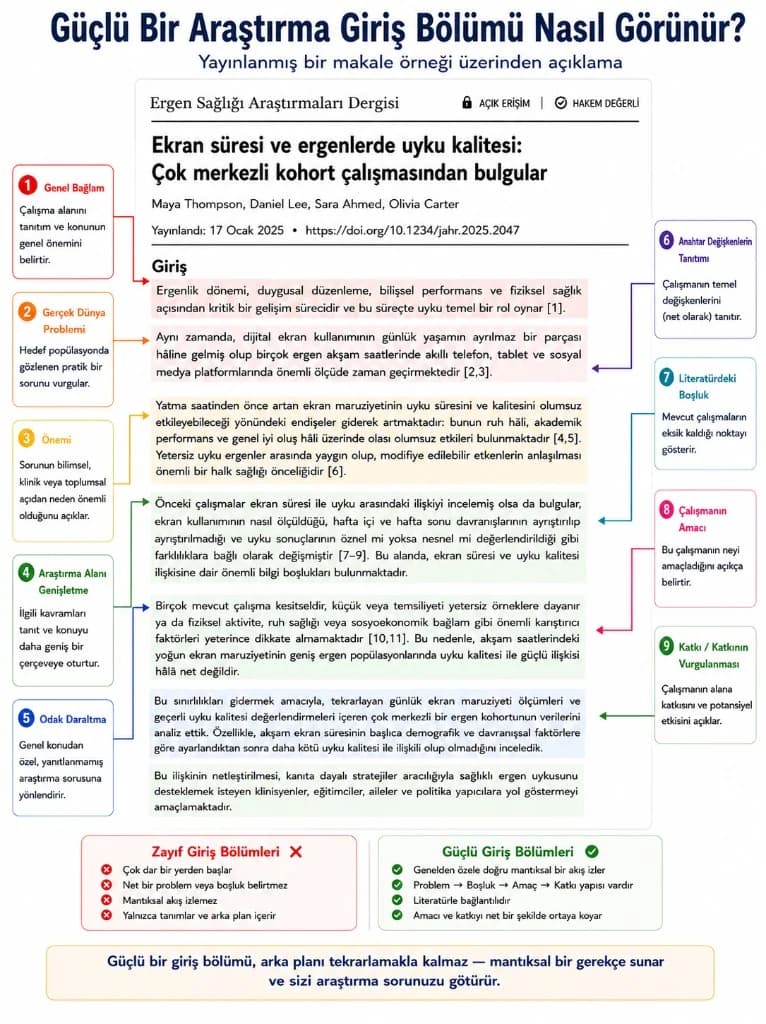 Güçlü araştırma girişi infografiği — geniş bağlamdan literatür boşluğuna 9 adımlı yapı