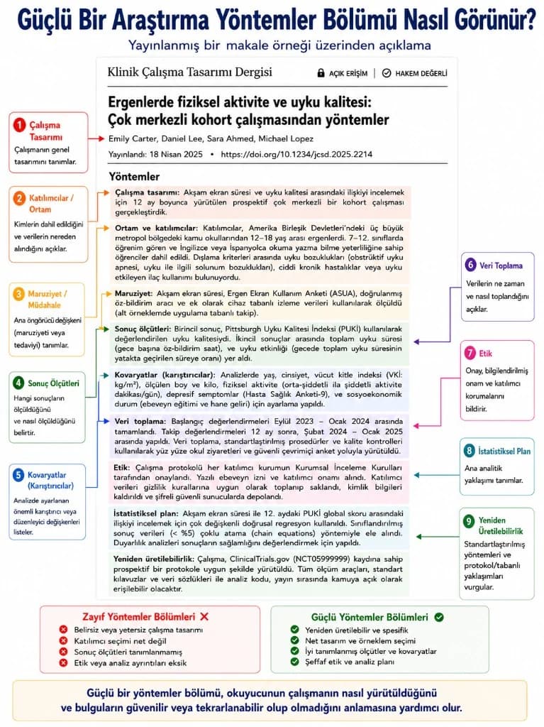 Güçlü araştırma yöntemleri bölümü infografiği — tasarım, katılımcılar, ölçümler, etik ve analiz planı