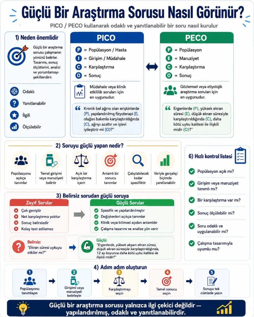 Güçlü araştırma sorusu infografiği — PICO ve PECO, popülasyon, karşılaştırma, sonuç ve kontrol listesi