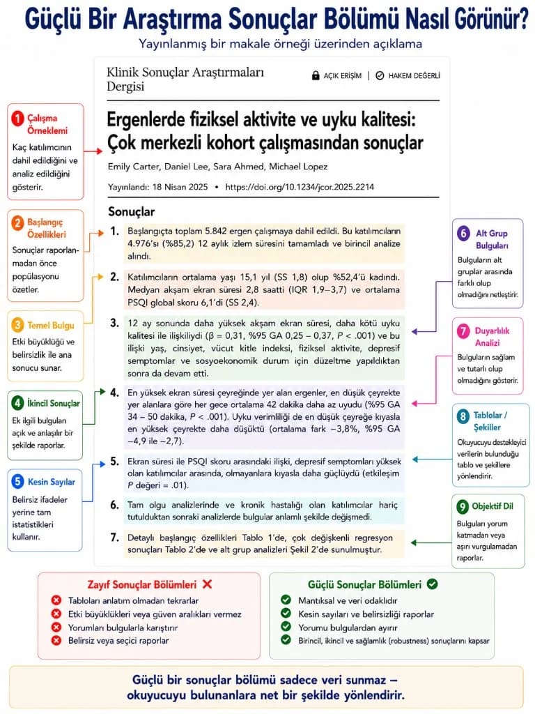 Güçlü araştırma bulguları bölümü infografiği — örneklem, birincil bulgu, alt grup ve duyarlılık analizi