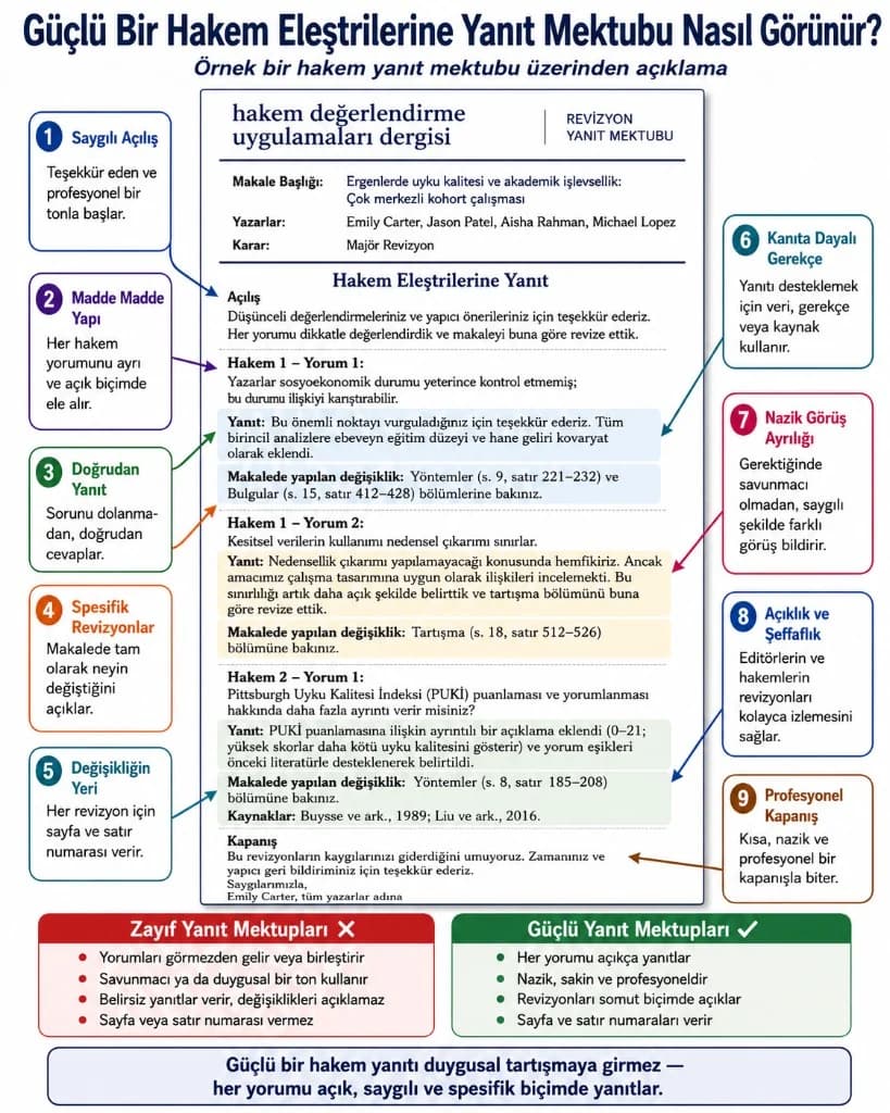 Güçlü hakem yanıt mektubu infografiği — saygılı açılış, madde madde yapı, spesifik revizyon ve sayfa/satır referansı