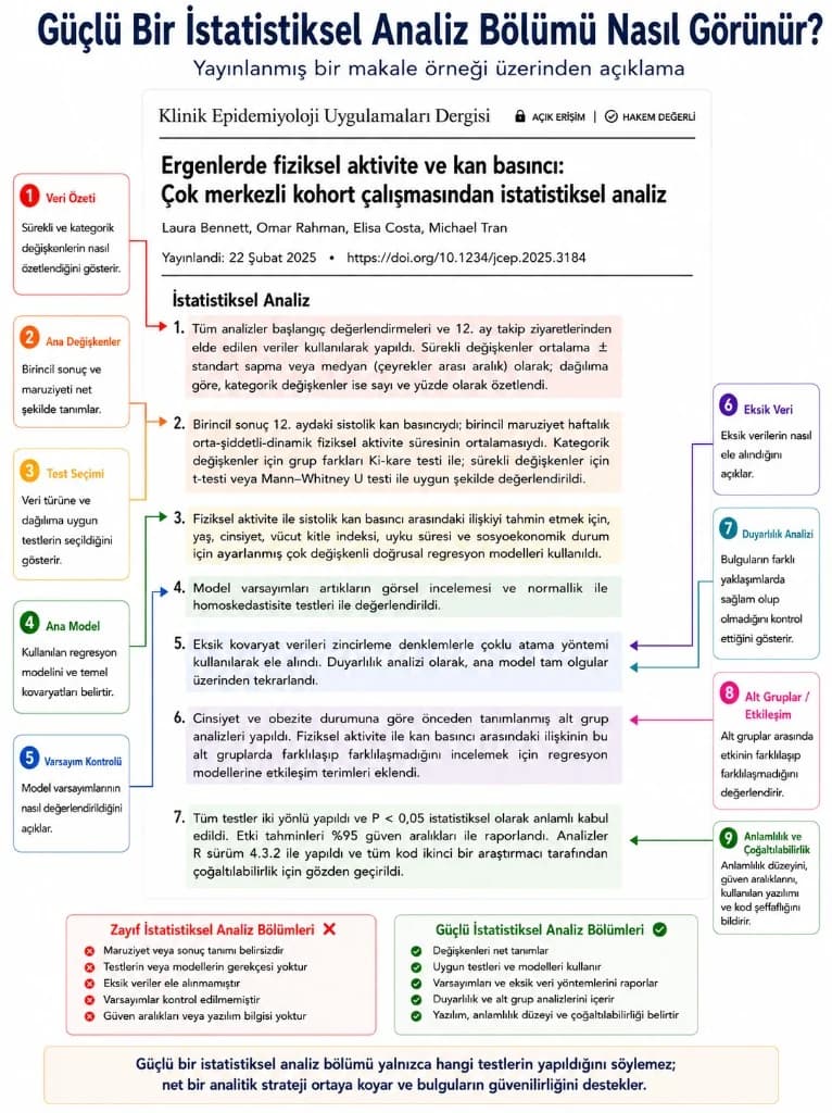 Güçlü istatistik analizi bölümü infografiği — veri özeti, model, eksik veri ve tekrarlanabilirlik adımları