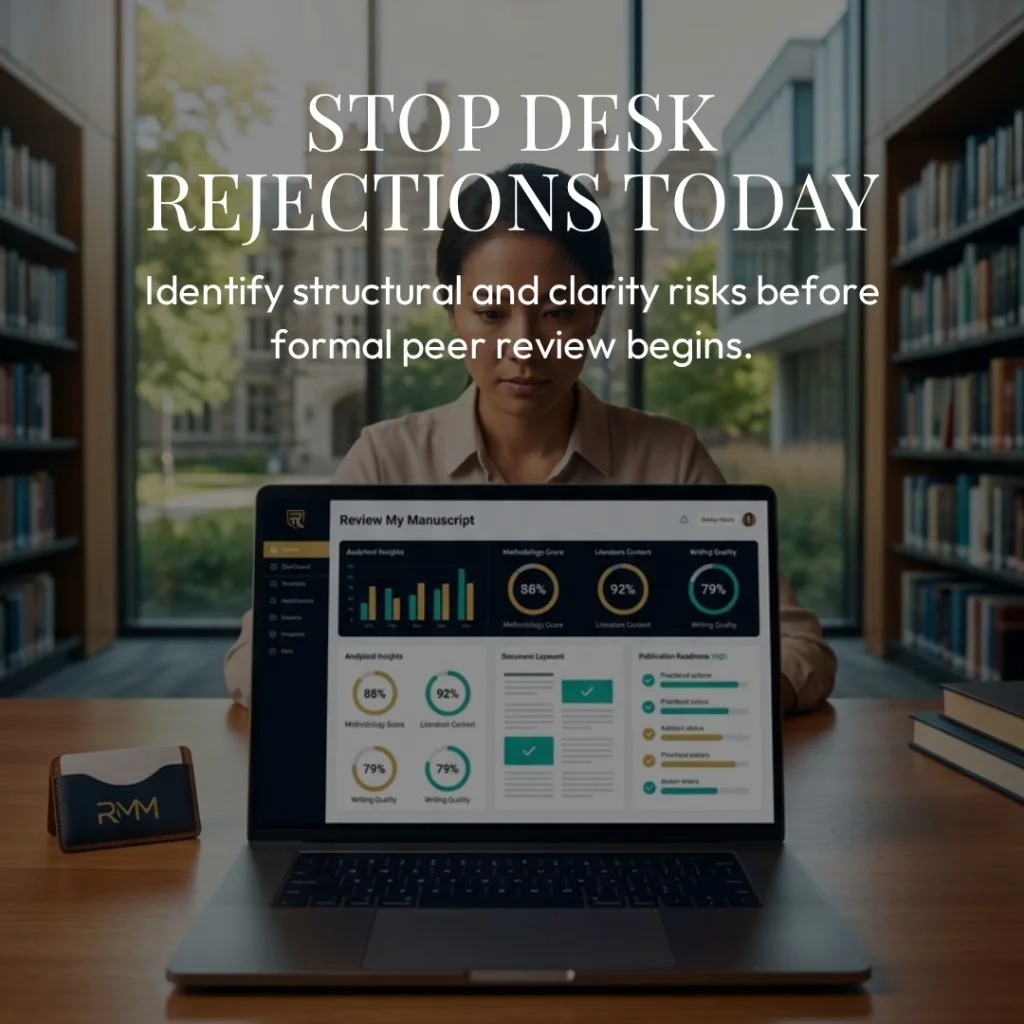 Researcher using the Review My Manuscript dashboard for pre-submission feedback.